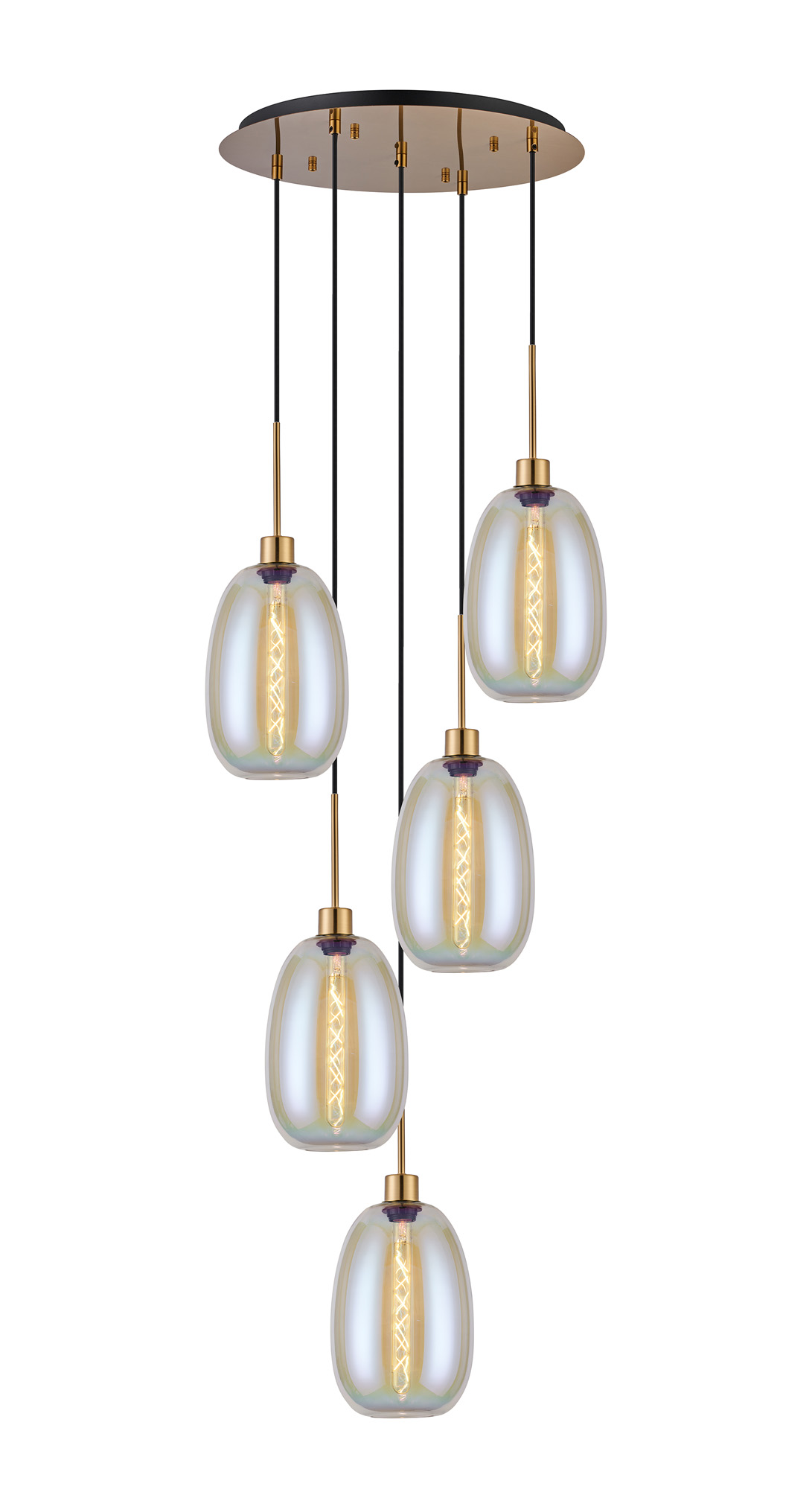 DK1189  Lori 45cm Round Pendant, 5 Light Adjustable E27, Antique Gold/Iridescent Slim Curved Trapezium Shades